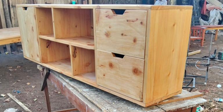 Wooden TV stand with open shelves